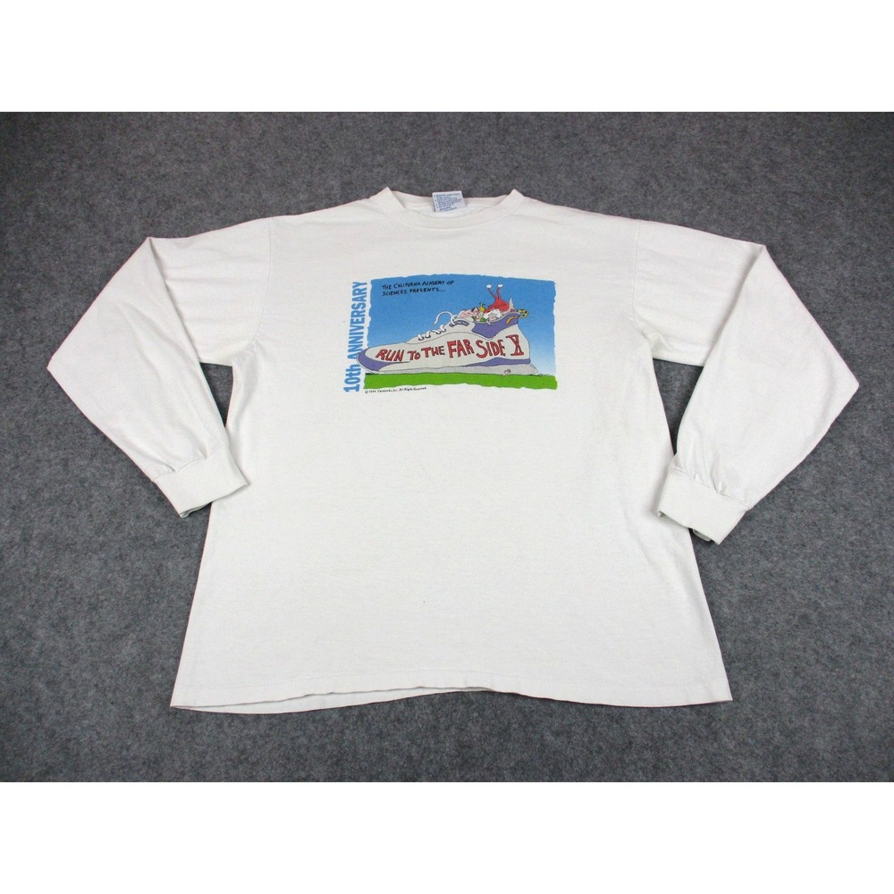 VINTAGE Far Side Shirt Mens Large White Blue 10th Anniversary Run To The 90s USA